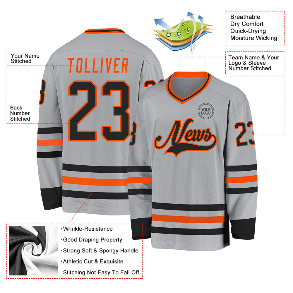 Custom Gray Black-Orange Hockey Jersey view 3