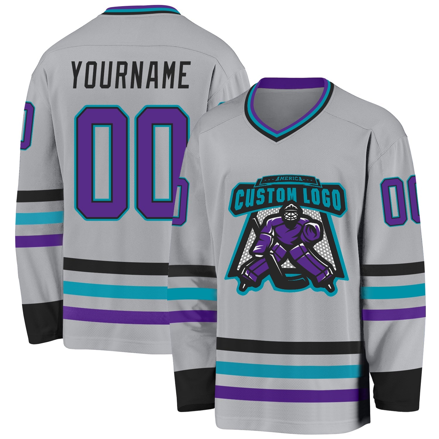 Custom Gray Purple Black-Teal Hockey Jersey view 2