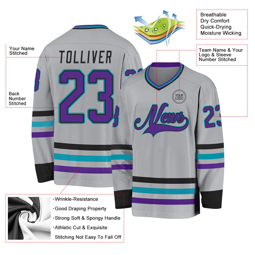 Custom Gray Purple Black-Teal Hockey Jersey view 3
