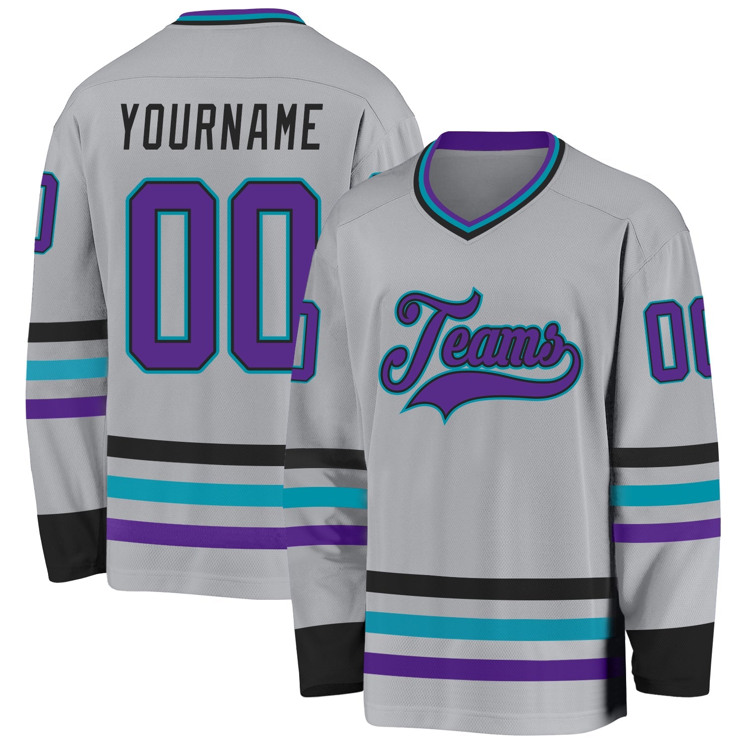 Custom Gray Purple Black-Teal Hockey Jersey - Main View