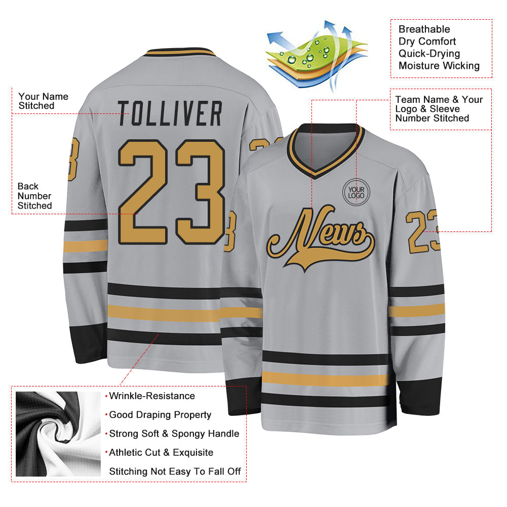 Custom Gray Old Gold-Black Hockey Jersey view 3