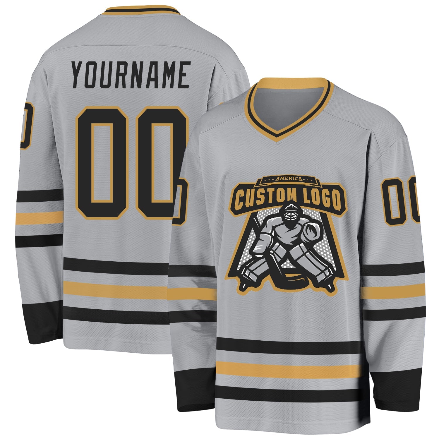Custom Gray Black-Old Gold Hockey Jersey view 2