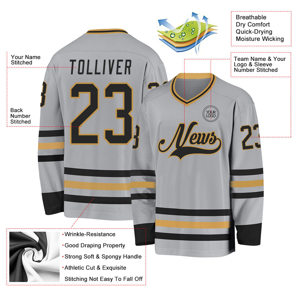 Custom Gray Black-Old Gold Hockey Jersey view 3