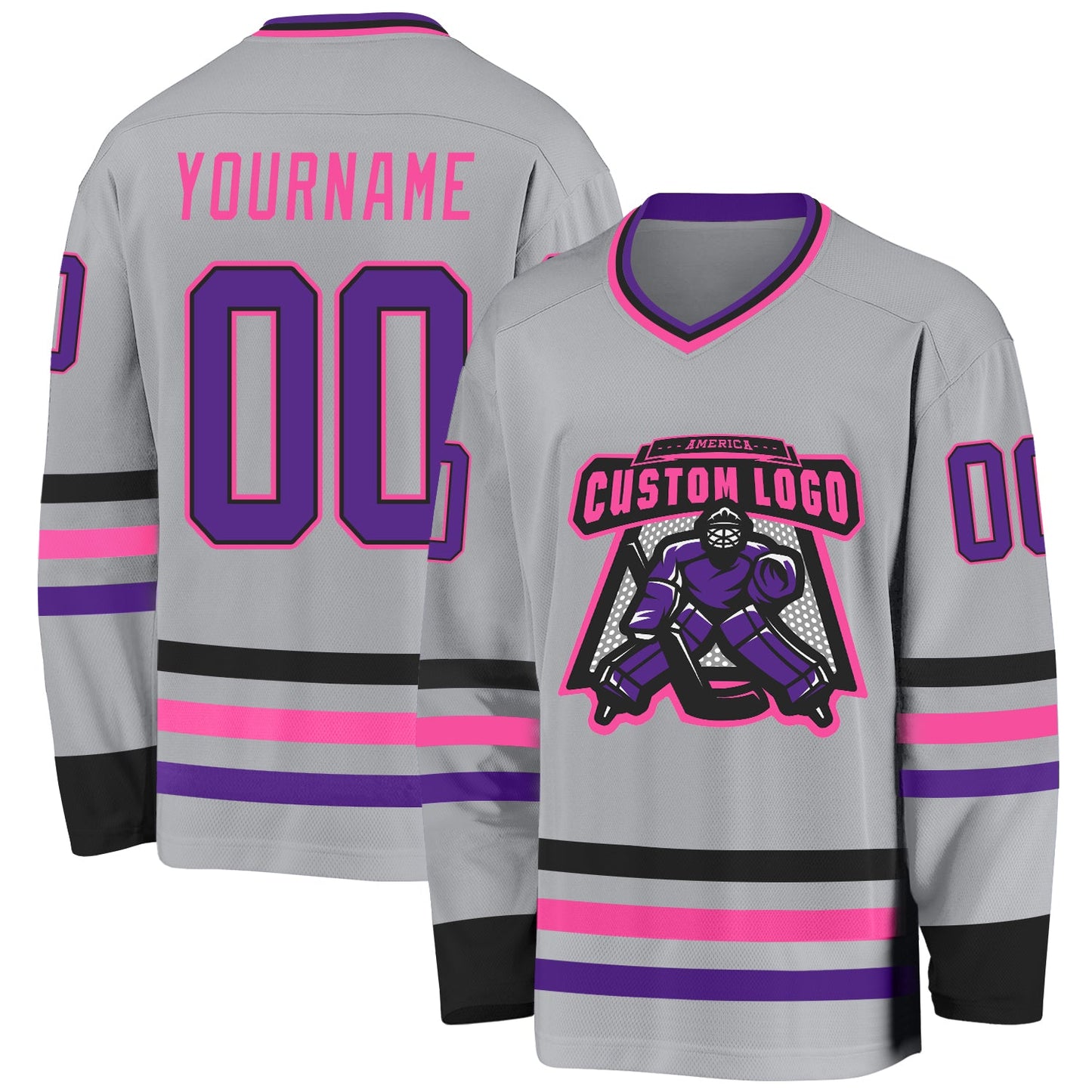 Custom Gray Purple Black-Pink Hockey Jersey view 2