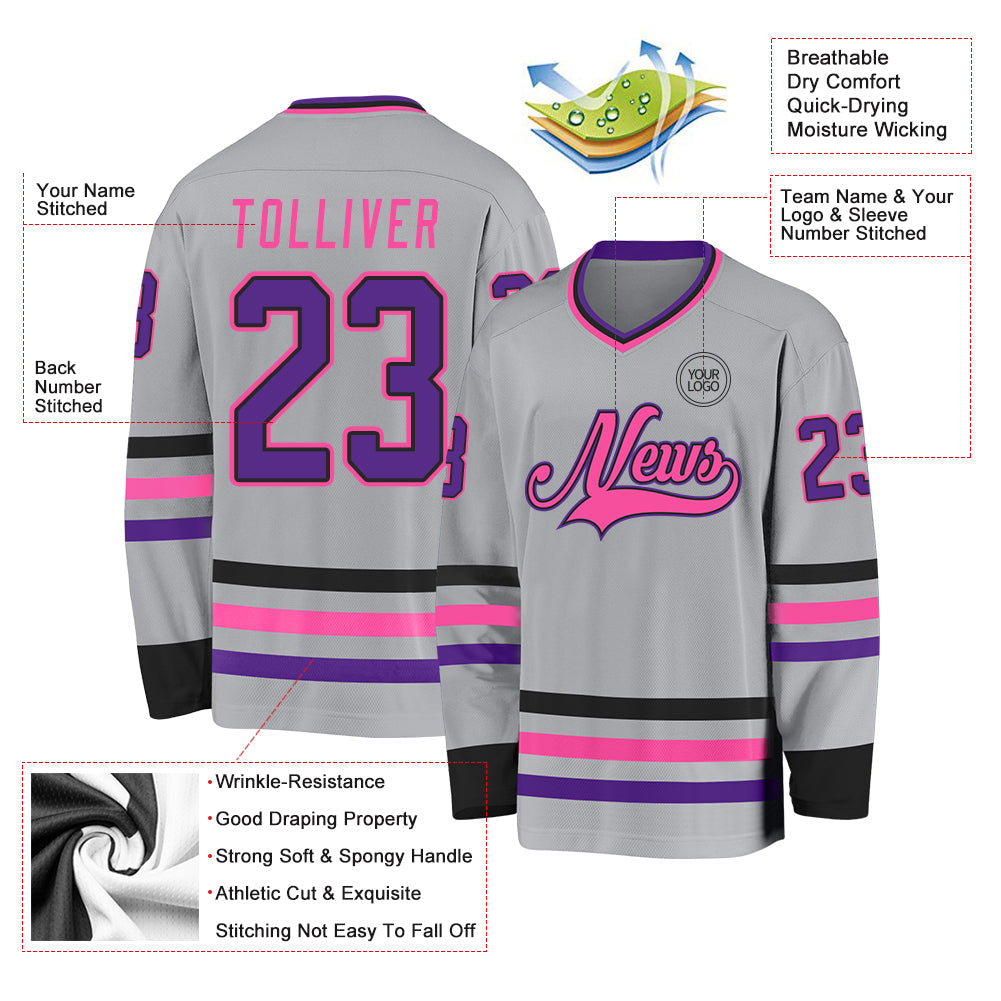 Custom Gray Purple Black-Pink Hockey Jersey view 3