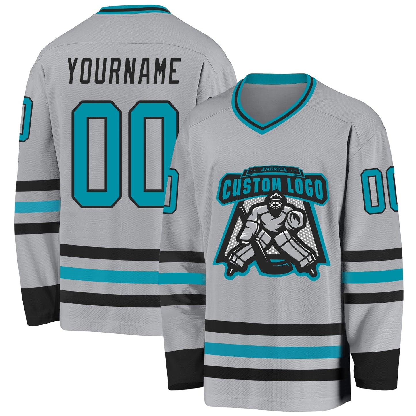 Custom Gray Teal-Black Hockey Jersey view 2