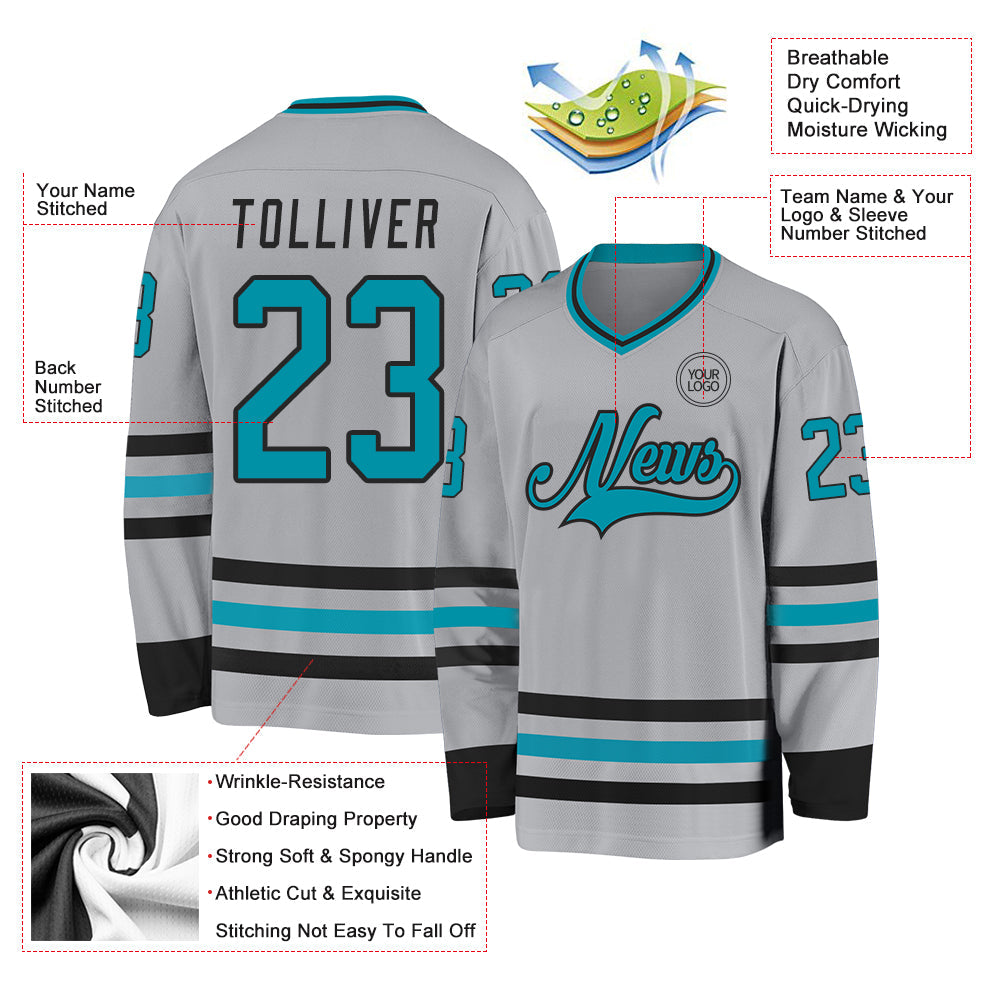 Custom Gray Teal-Black Hockey Jersey view 3