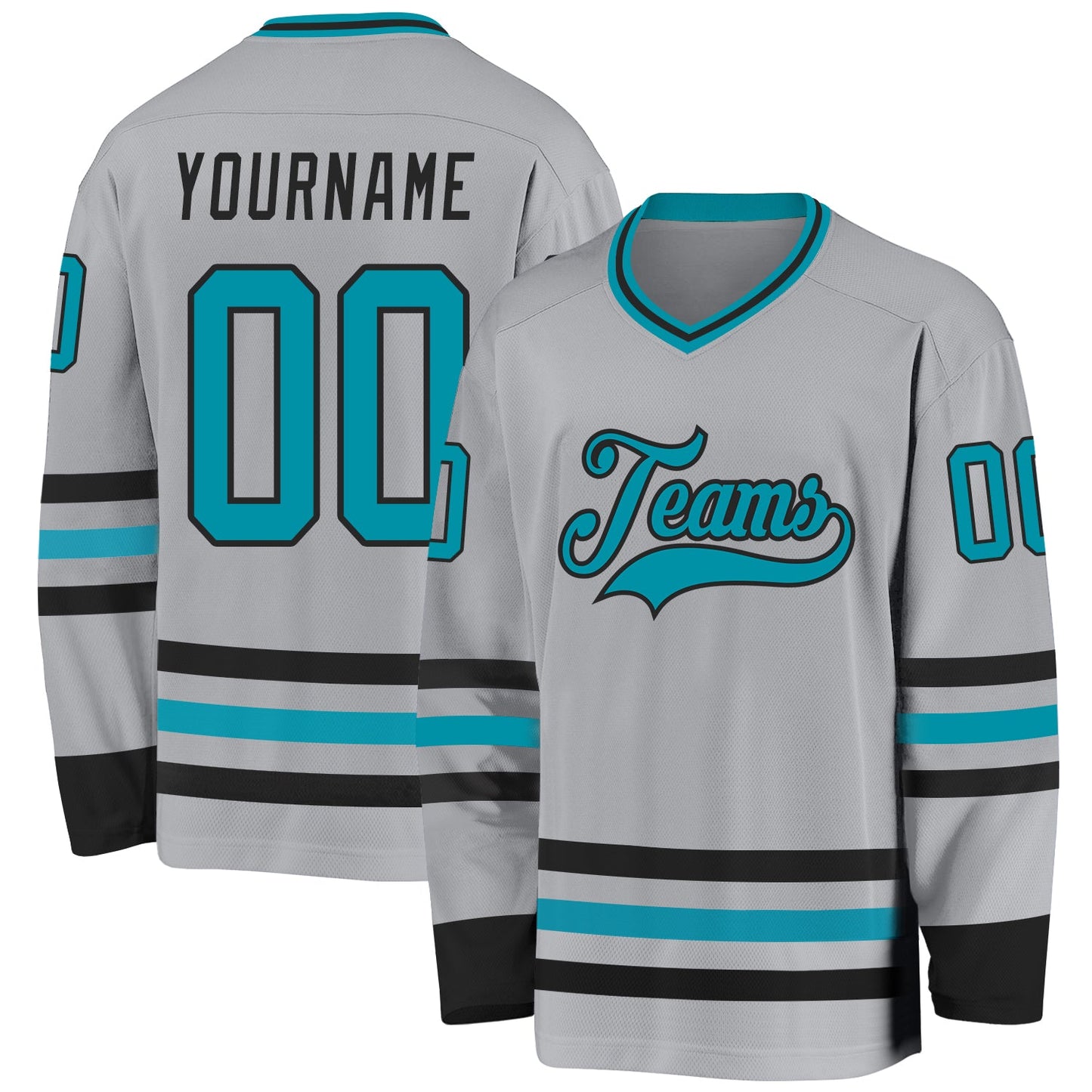 Custom Gray Teal-Black Hockey Jersey - Main View