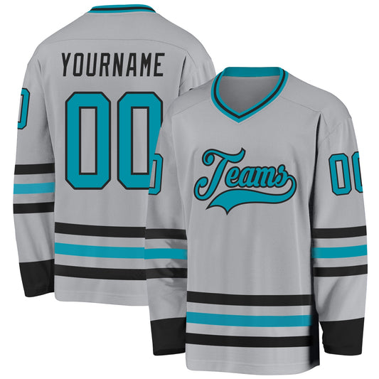 Custom Gray Teal-Black Hockey Jersey - Main View