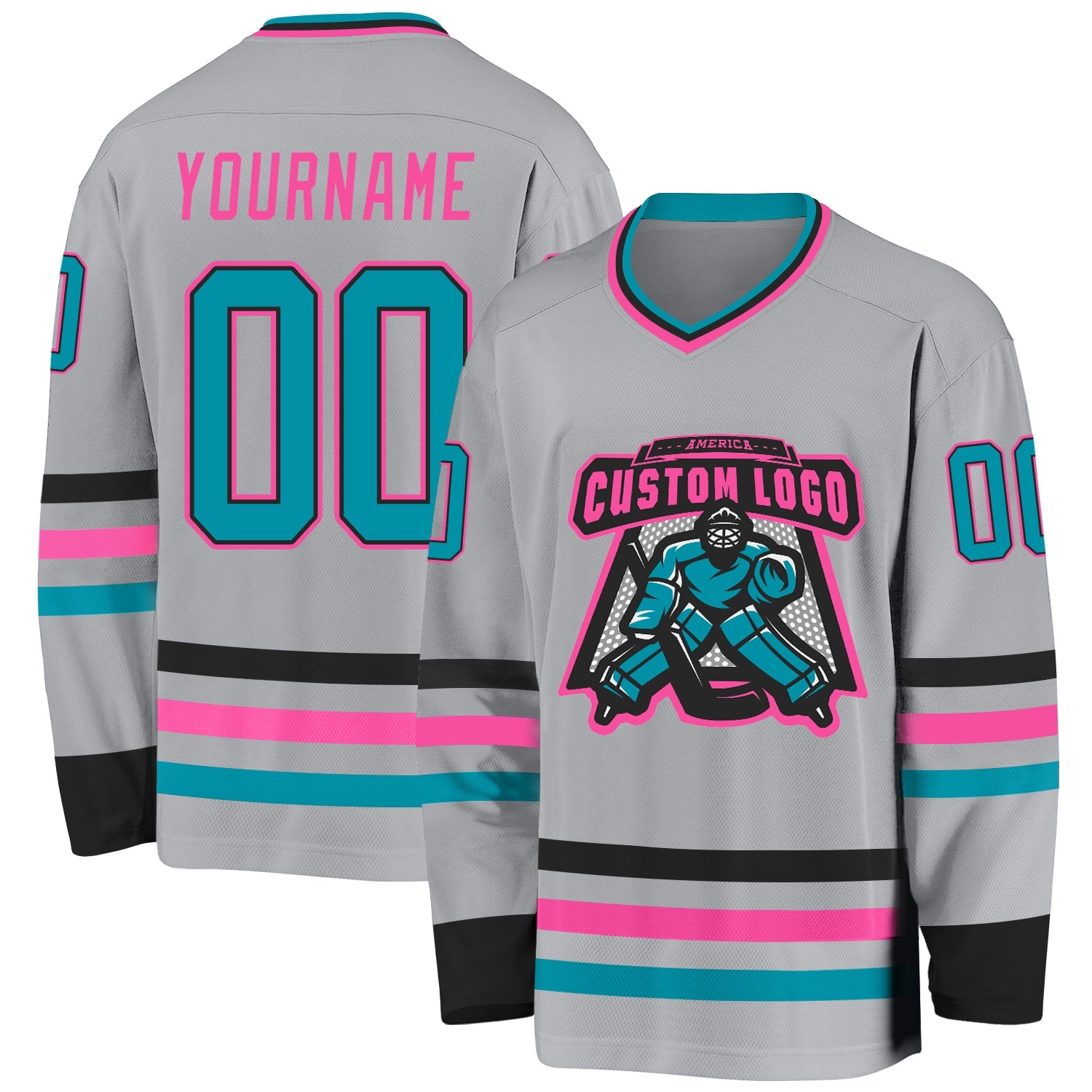 Custom Gray Teal Black-Pink Hockey Jersey view 2