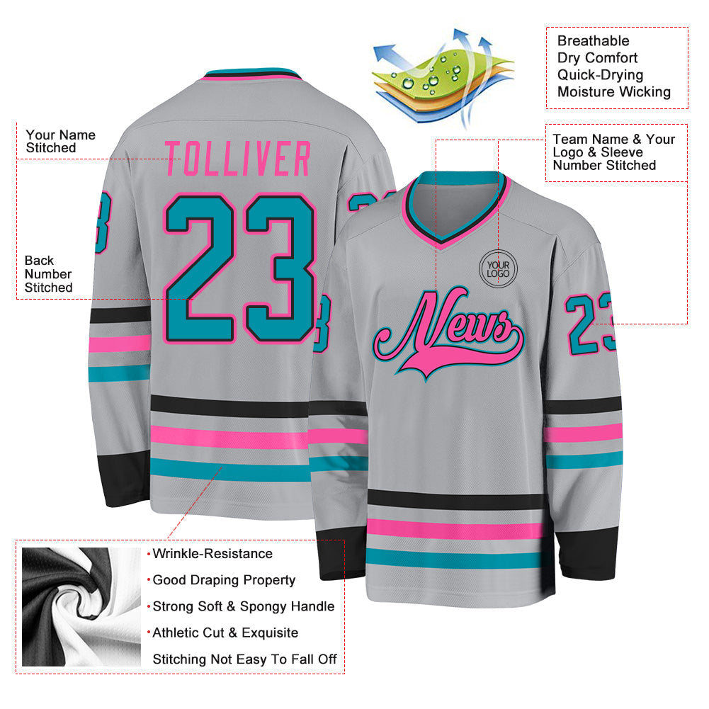 Custom Gray Teal Black-Pink Hockey Jersey view 3