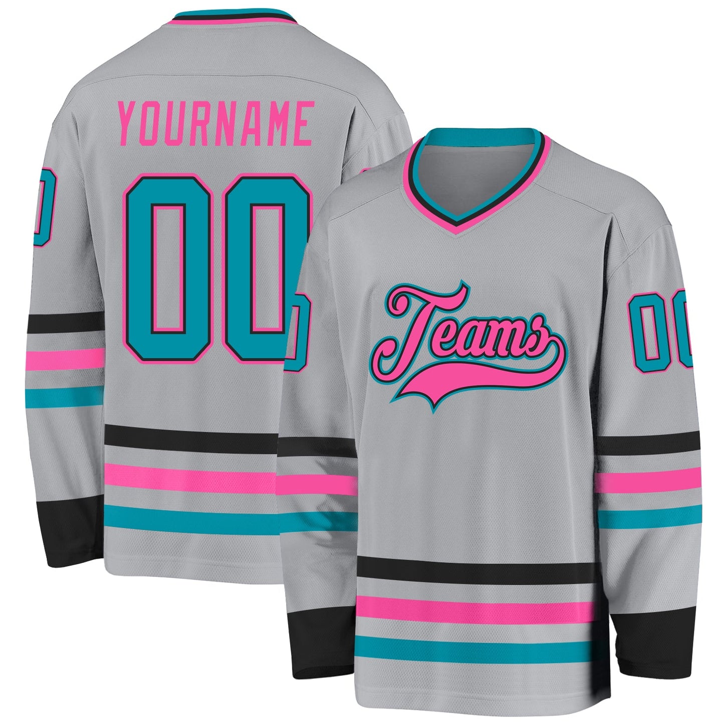 Custom Gray Teal Black-Pink Hockey Jersey - Main View