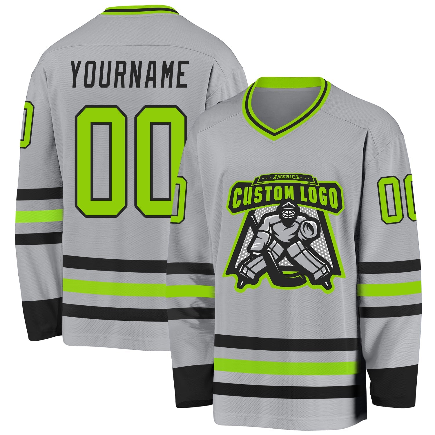 Custom Gray Neon Green-Black Hockey Jersey view 2