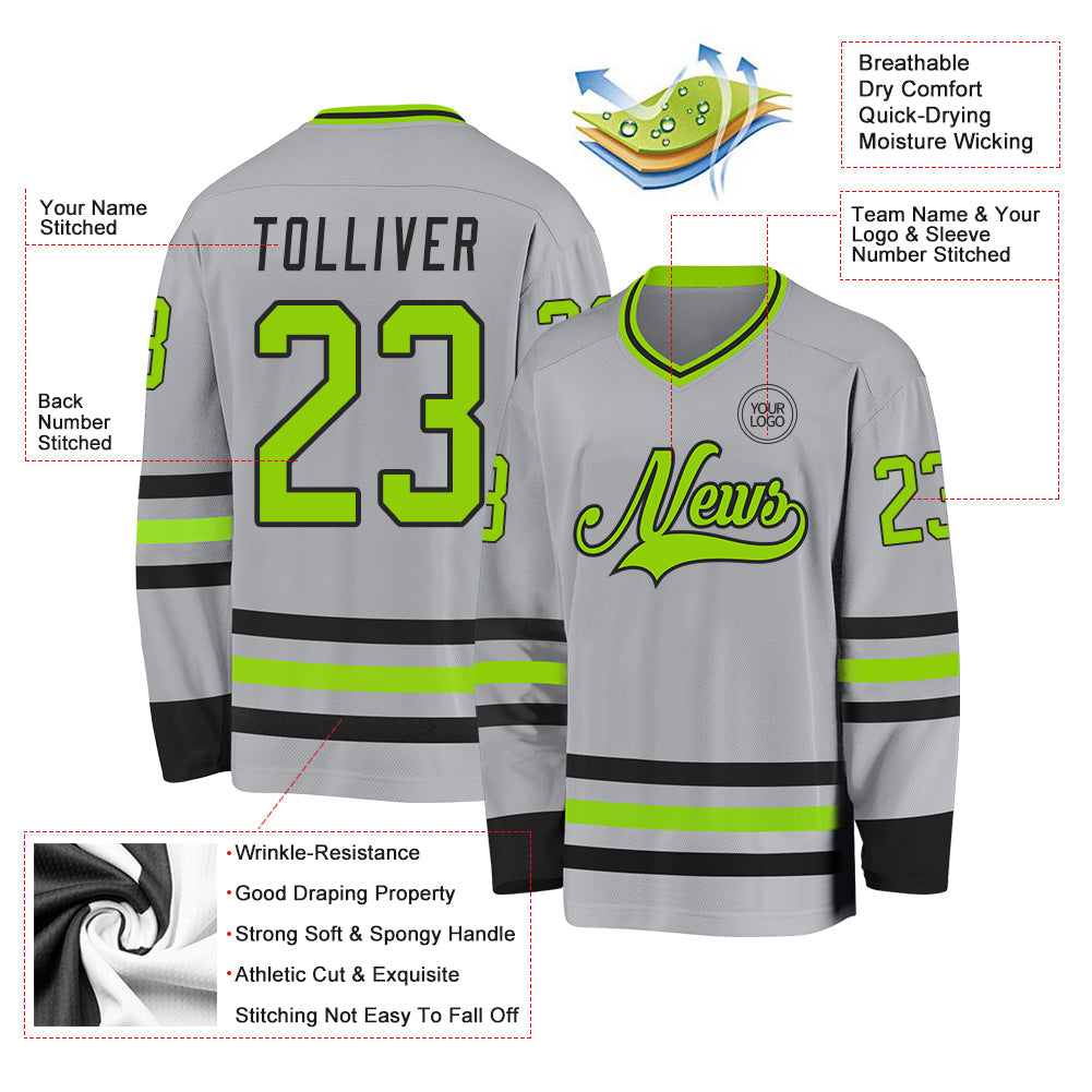 Custom Gray Neon Green-Black Hockey Jersey view 3