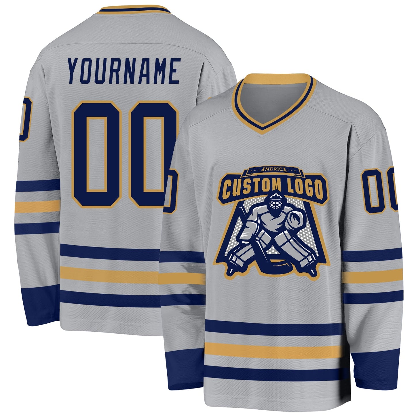 Custom Gray Navy-Old Gold Hockey Jersey view 2