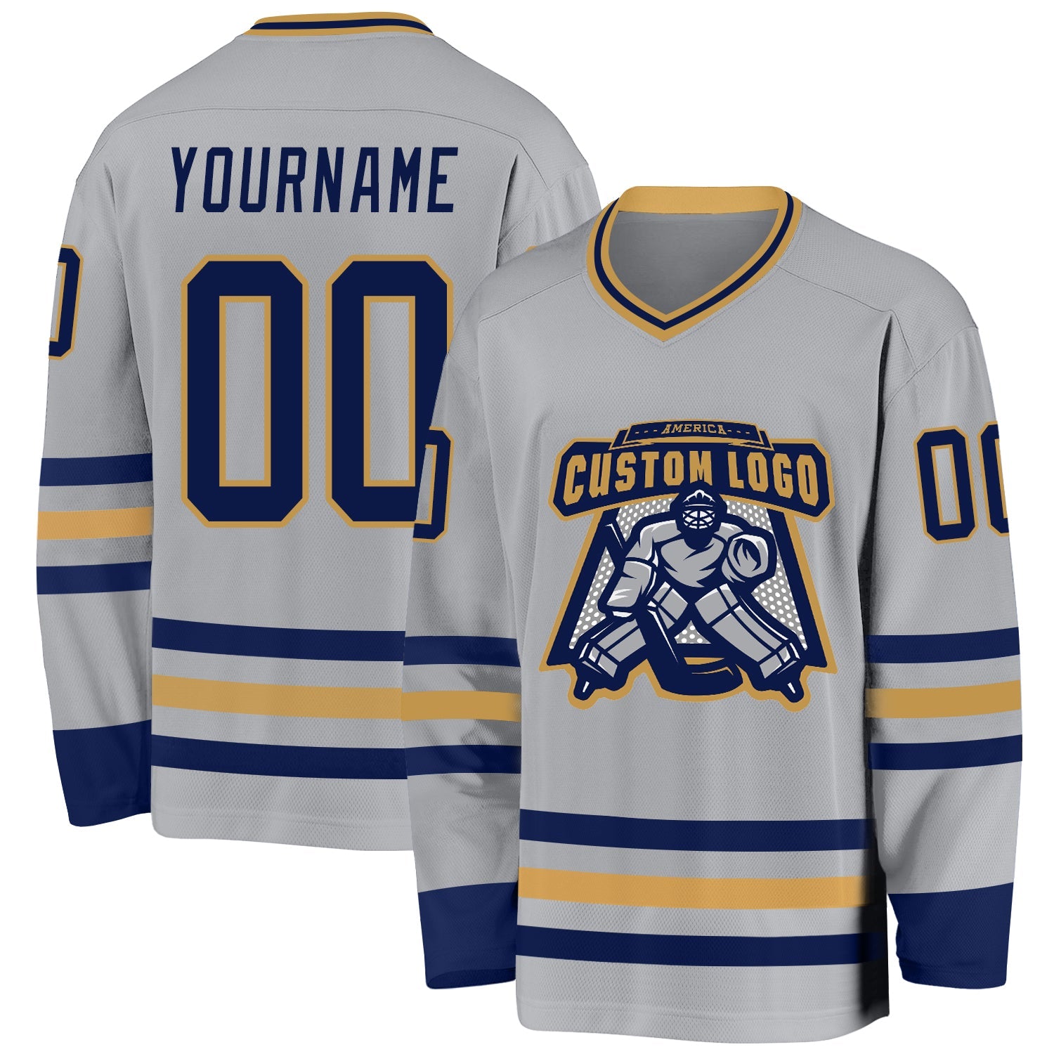 Custom Gray Navy-Old Gold Hockey Jersey view 2