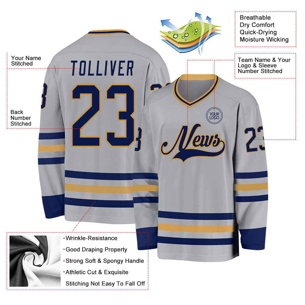 Custom Gray Navy-Old Gold Hockey Jersey view 3