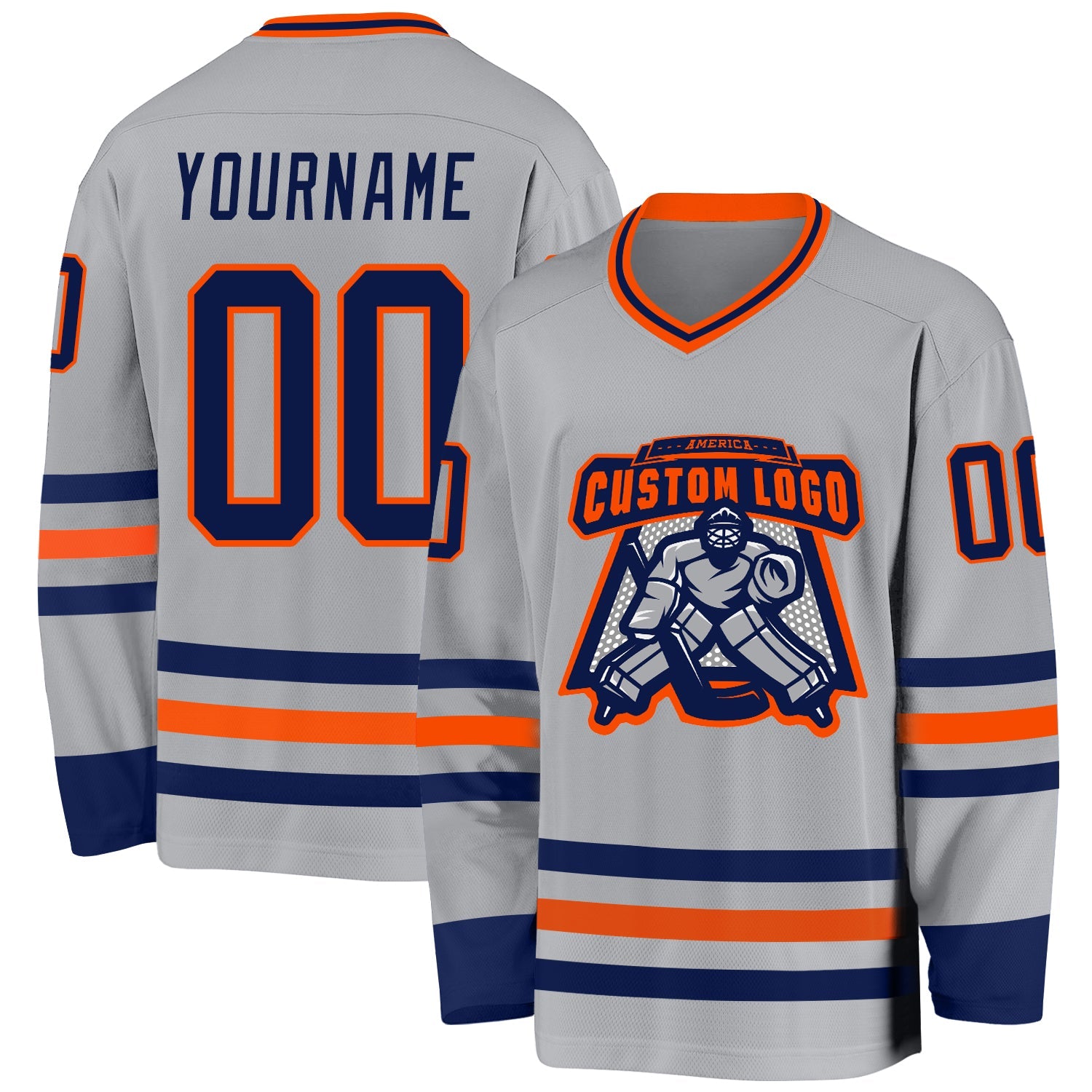 Custom Gray Navy-Orange Hockey Jersey view 2