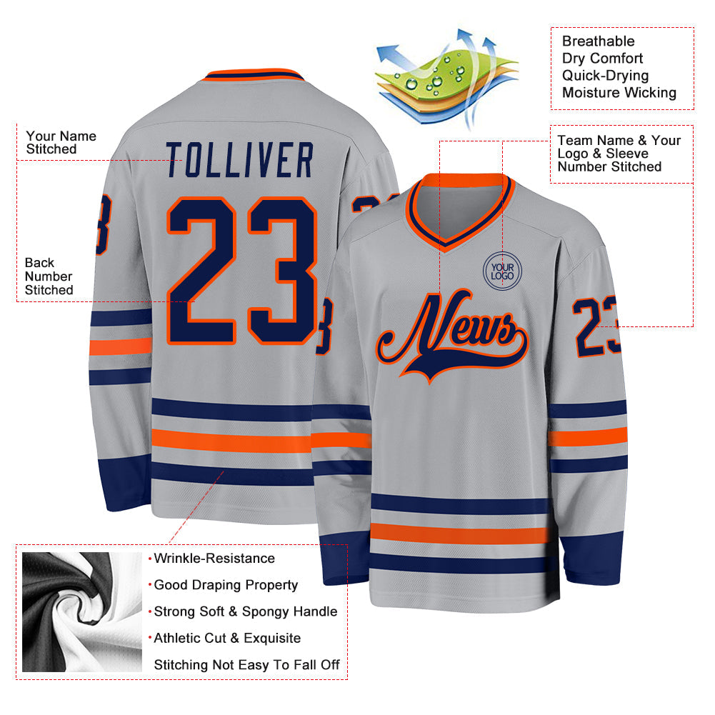 Custom Gray Navy-Orange Hockey Jersey view 3