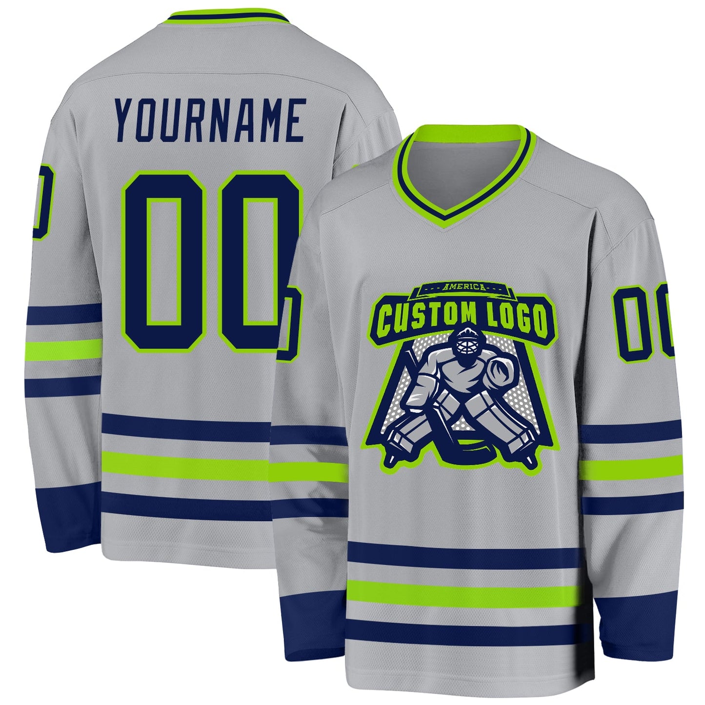 Custom Gray Navy-Neon Green Hockey Jersey view 2