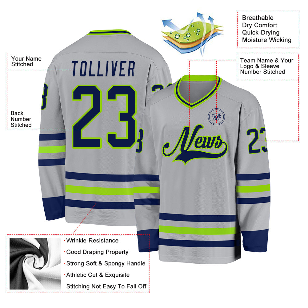 Custom Gray Navy-Neon Green Hockey Jersey view 3