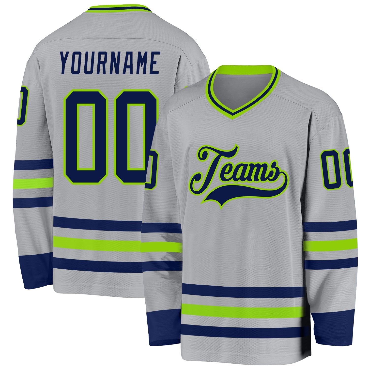 Custom Gray Navy-Neon Green Hockey Jersey - Main View
