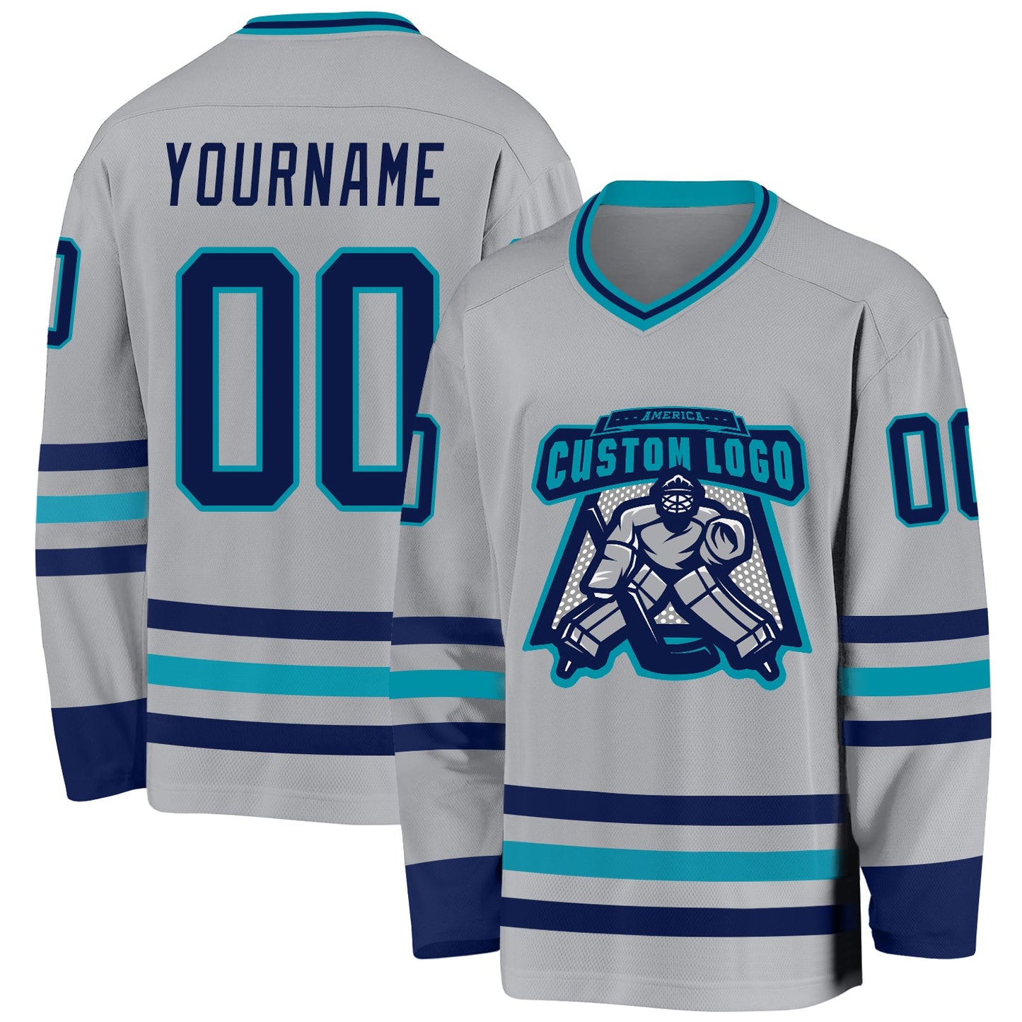 Custom Gray Navy-Teal Hockey Jersey view 2