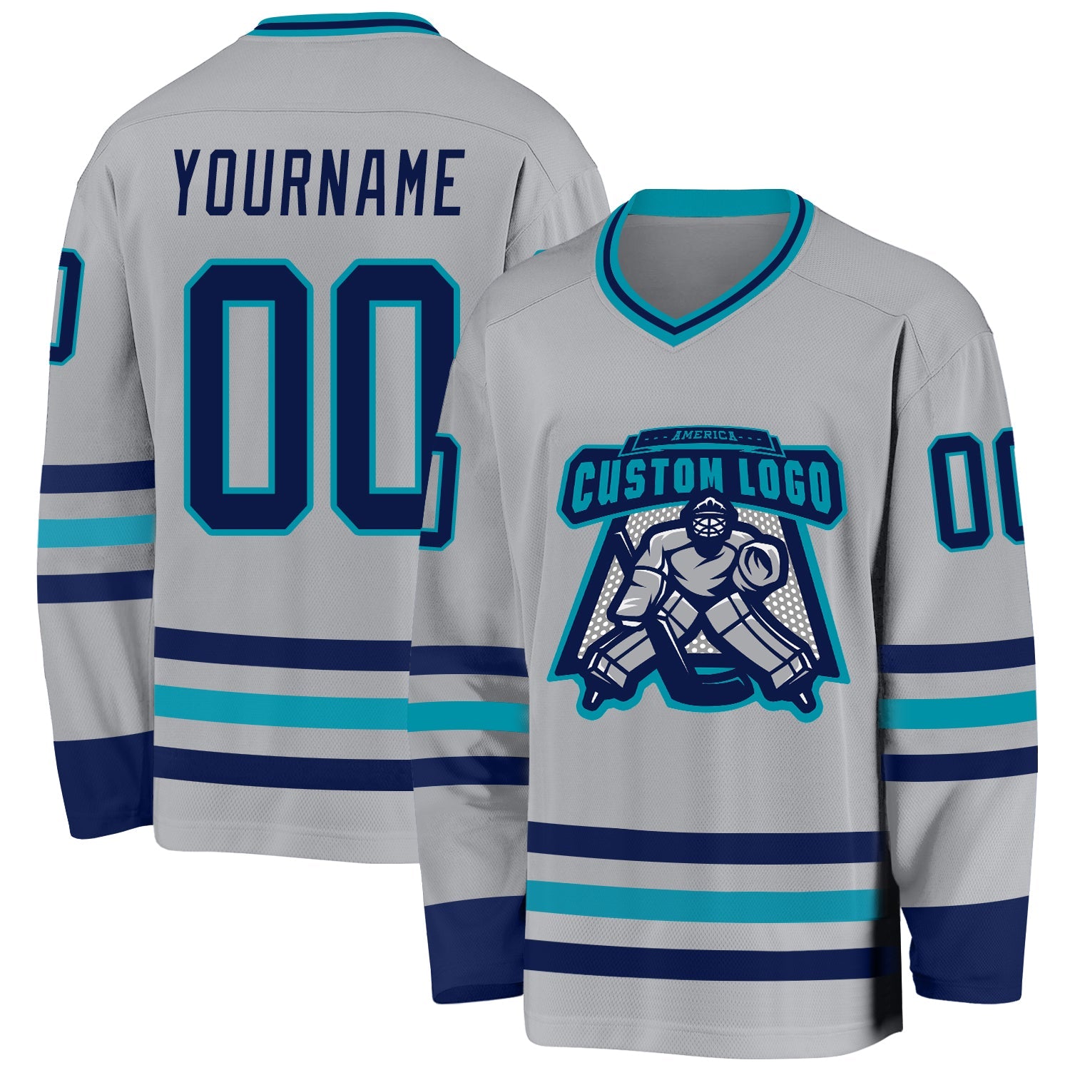 Custom Gray Navy-Teal Hockey Jersey view 2