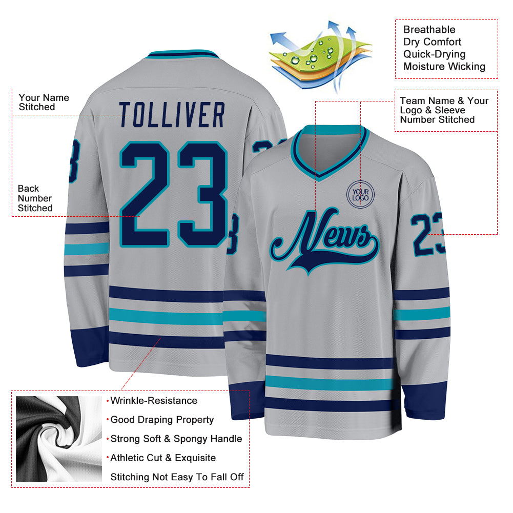Custom Gray Navy-Teal Hockey Jersey view 3