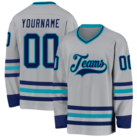 Custom Gray Navy-Teal Hockey Jersey - Main View
