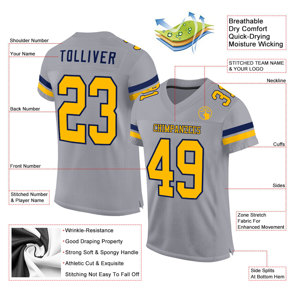 Custom Gray Gold-White Mesh Authentic Football Jersey view 2