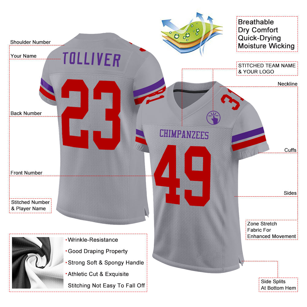 Custom Gray Red-Purple Mesh Authentic Football Jersey view 2
