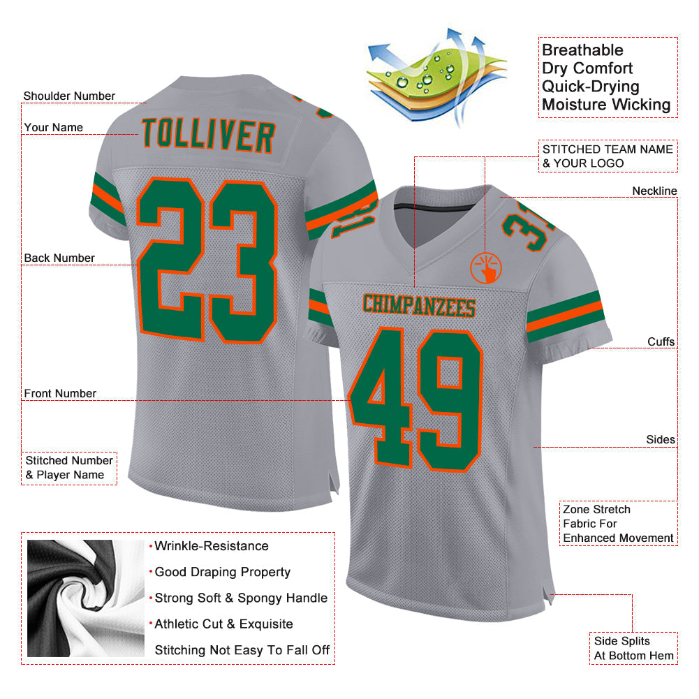 Custom Gray Kelly Green-Orange Mesh Authentic Football Jersey view 2
