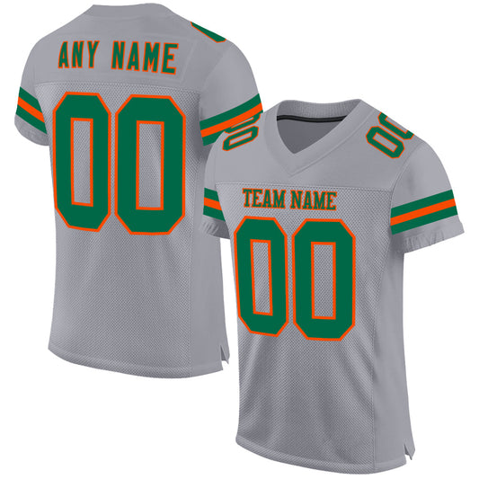 Custom Gray Kelly Green-Orange Mesh Authentic Football Jersey - Main View