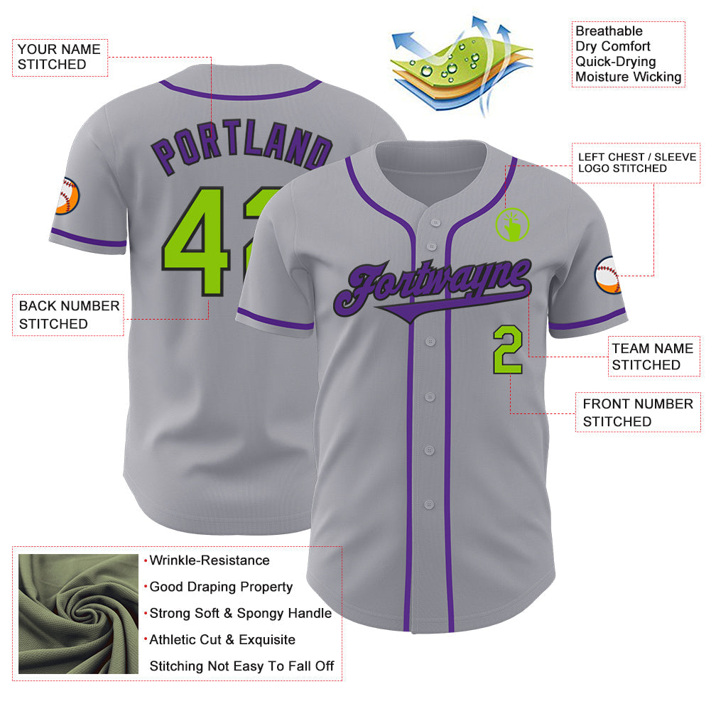 Custom Gray Neon Green Black-Purple Authentic Baseball Jersey view 3