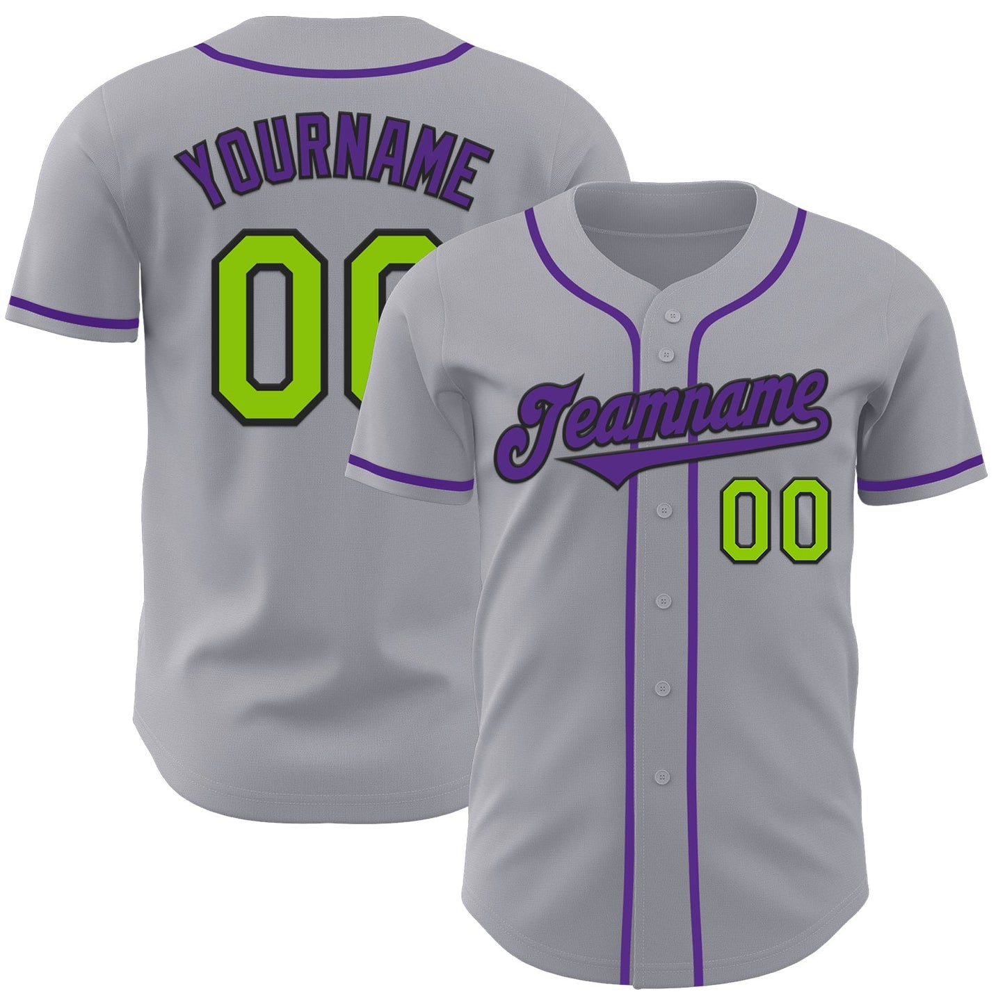 Custom Gray Neon Green Black-Purple Authentic Baseball Jersey - Main View