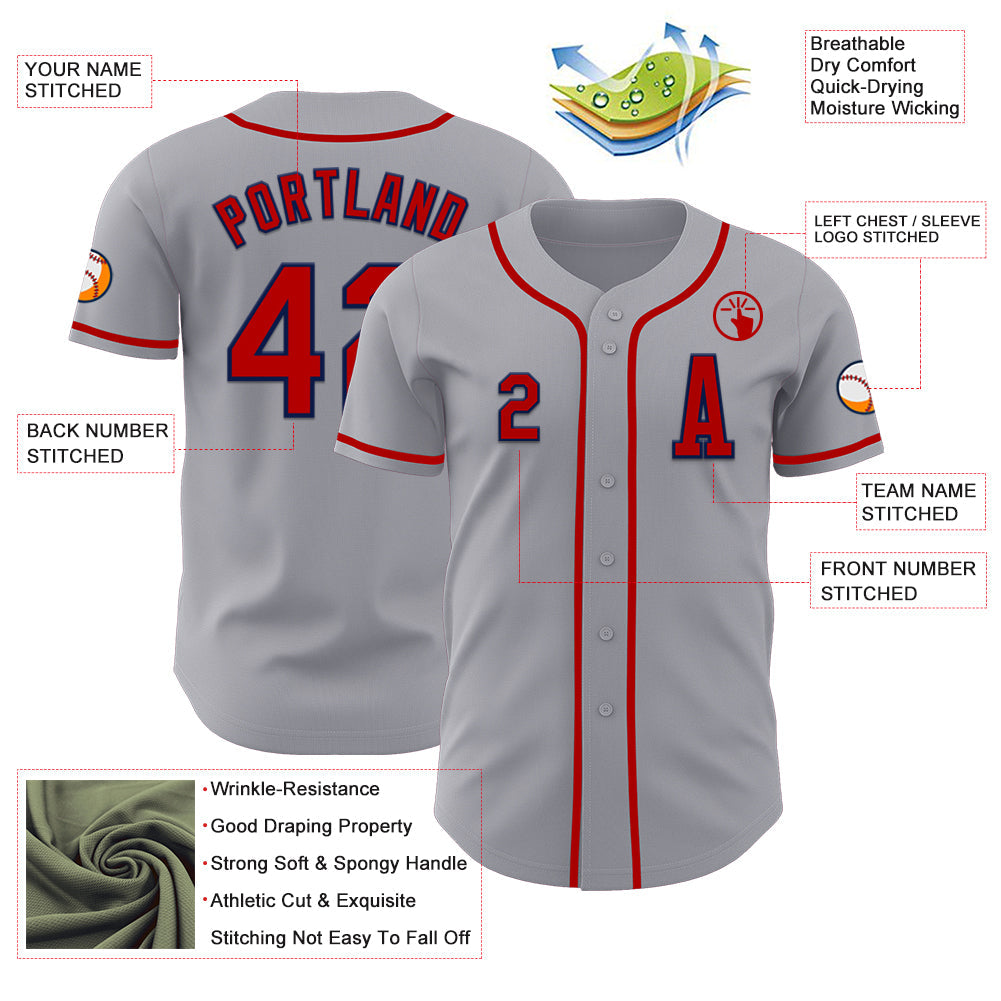 Custom Gray Red-Navy Authentic Baseball Jersey view 2