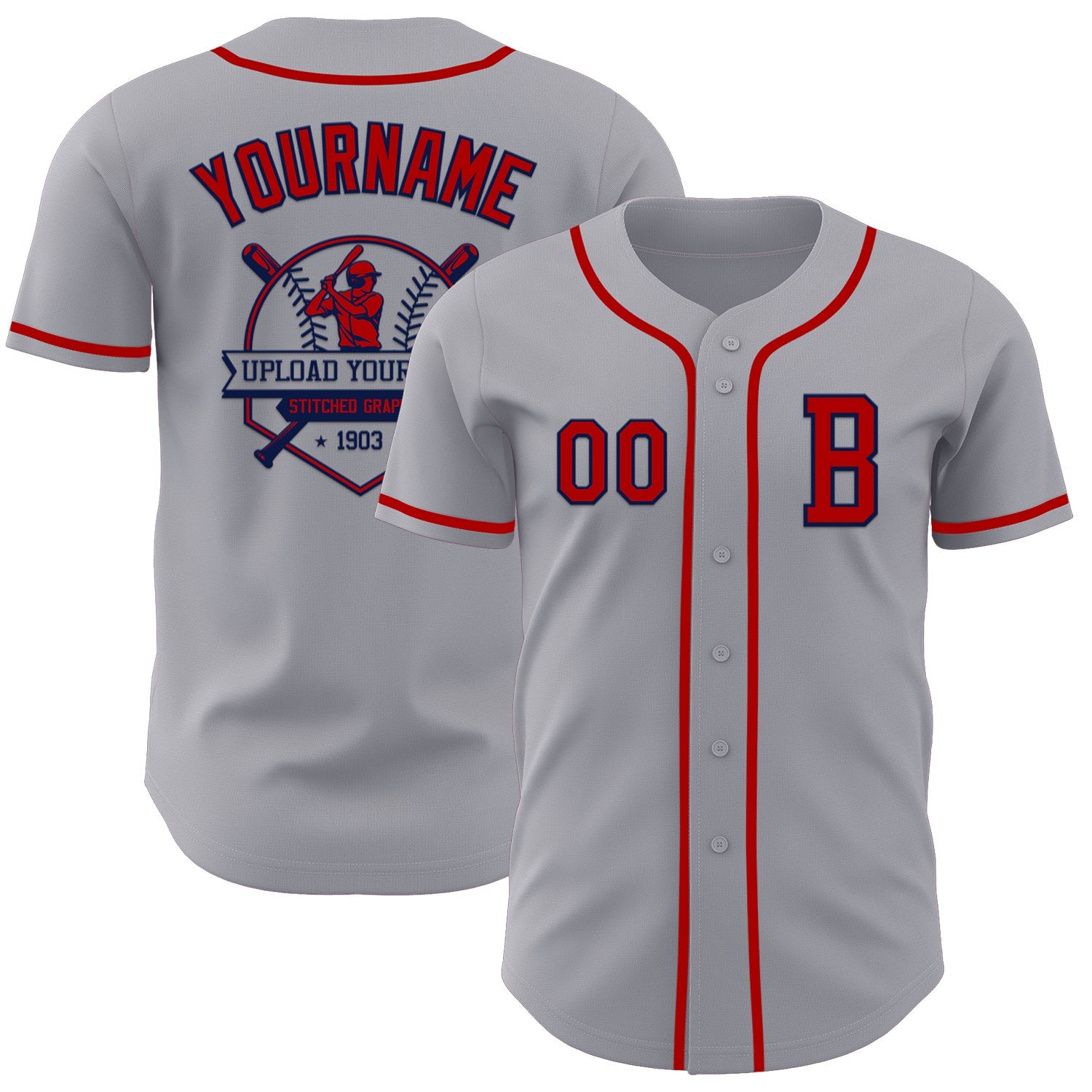 Custom Gray Red-Navy Authentic Baseball Jersey view 5