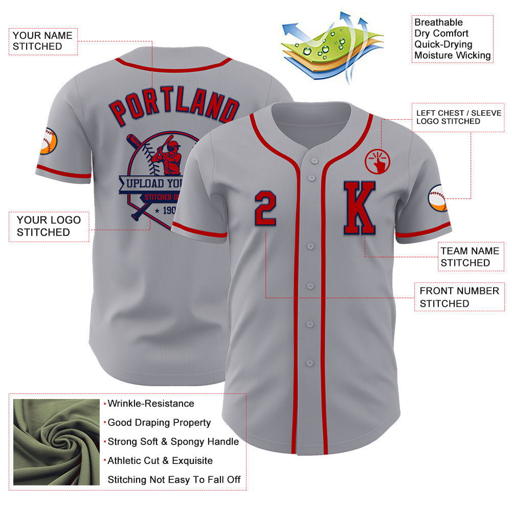 Custom Gray Red-Navy Authentic Baseball Jersey view 6