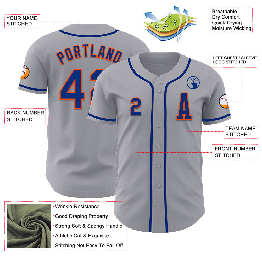 Custom Gray Royal-Orange Authentic Baseball Jersey view 2