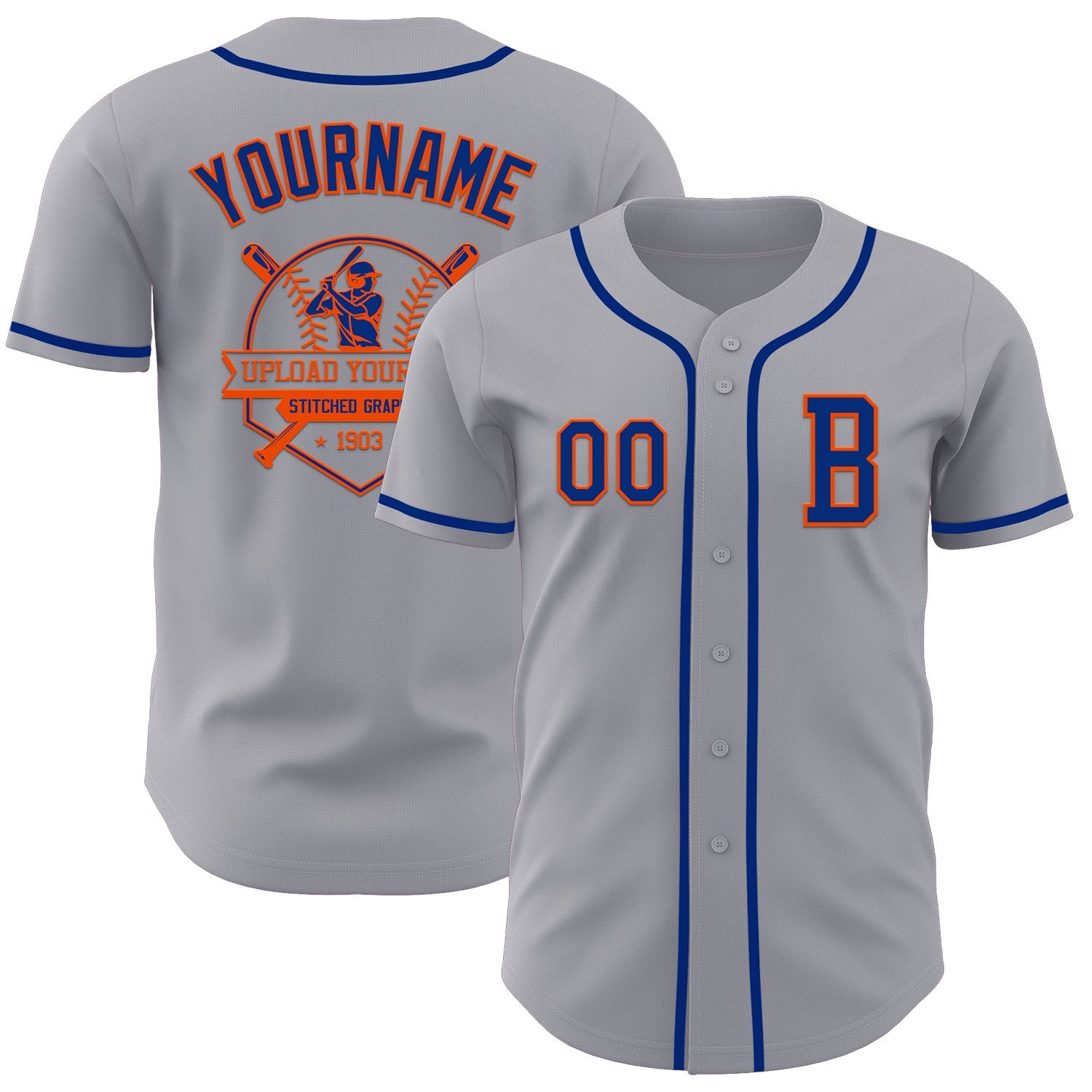 Custom Gray Royal-Orange Authentic Baseball Jersey view 5