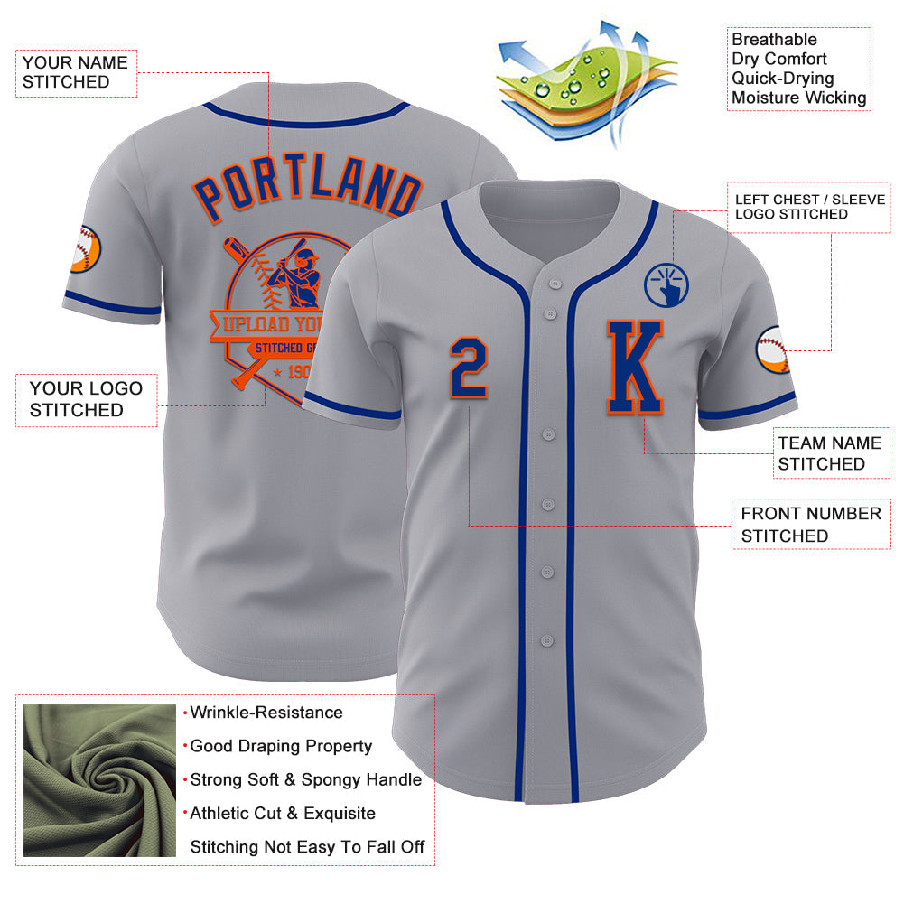 Custom Gray Royal-Orange Authentic Baseball Jersey view 6