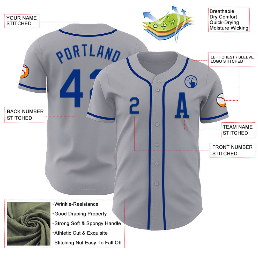 Custom Gray Royal Authentic Baseball Jersey view 2