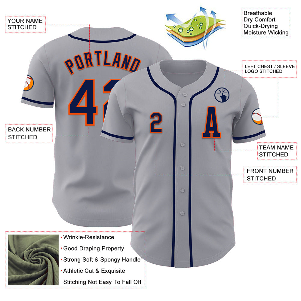 Custom Gray Navy-Orange Authentic Baseball Jersey view 2