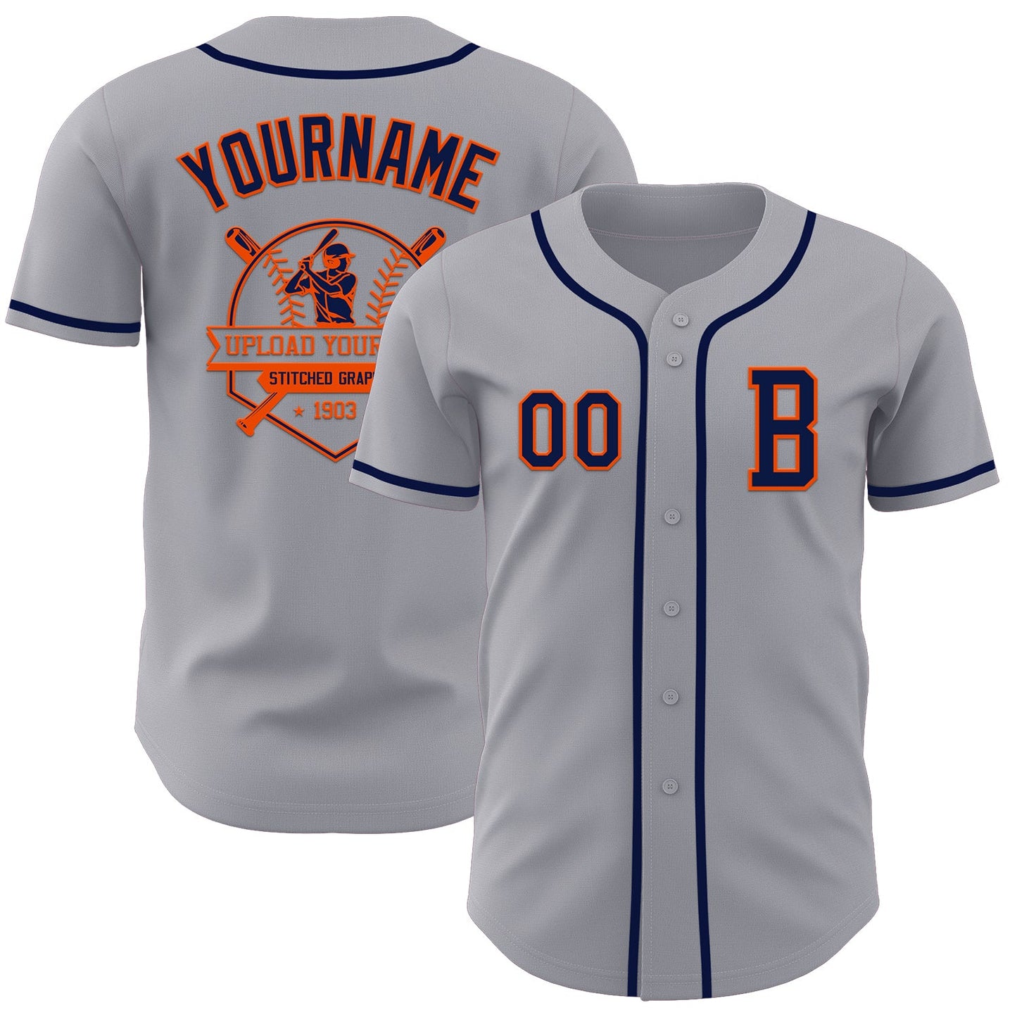 Custom Gray Navy-Orange Authentic Baseball Jersey view 5