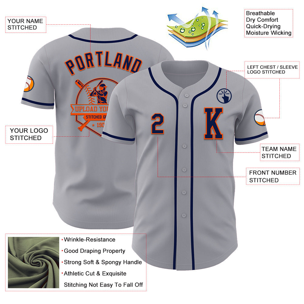 Custom Gray Navy-Orange Authentic Baseball Jersey view 6