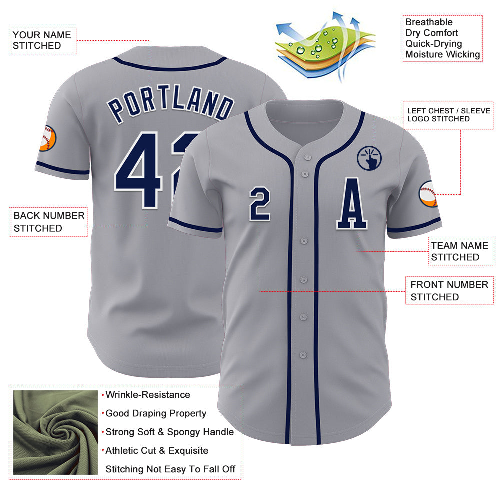 Custom Gray Navy-White Authentic Baseball Jersey view 2