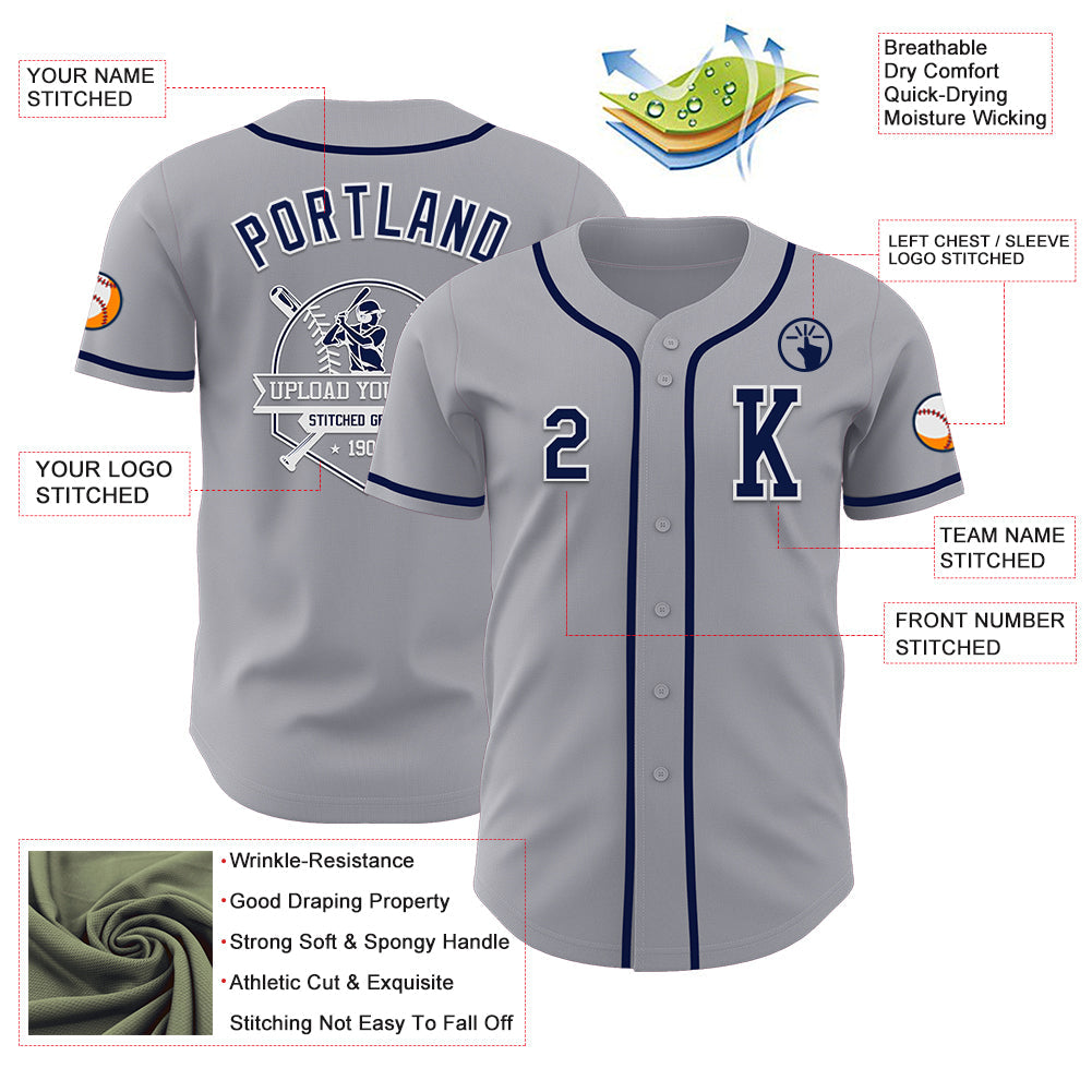 Custom Gray Navy-White Authentic Baseball Jersey view 6