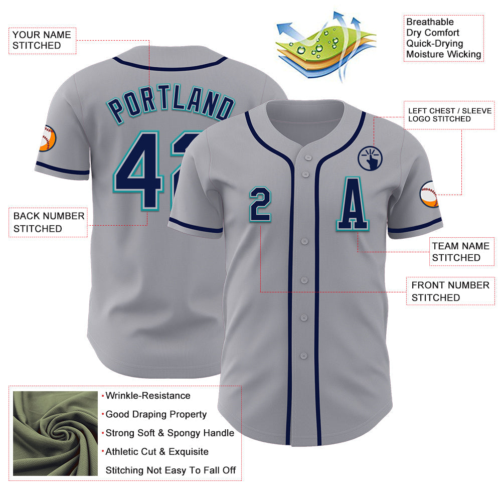 Custom Gray Navy-Teal Authentic Baseball Jersey view 2