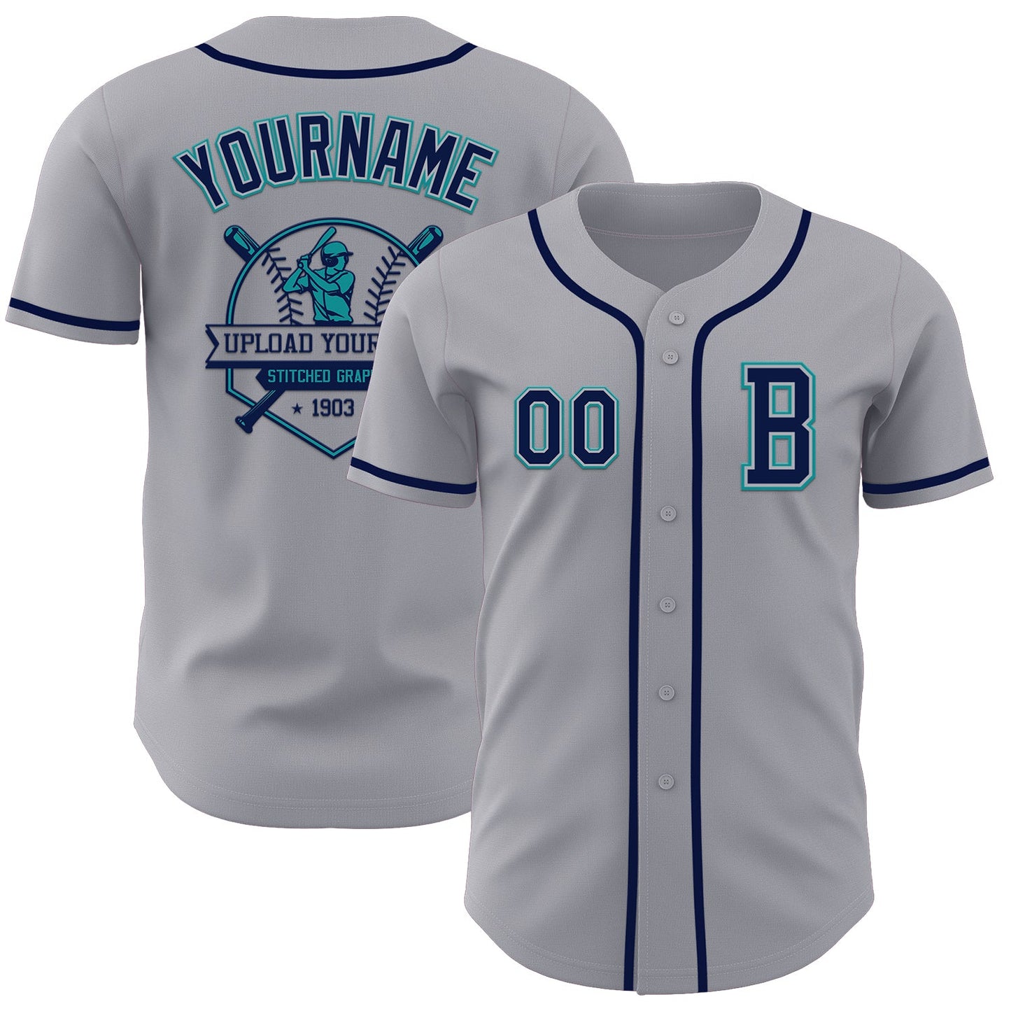 Custom Gray Navy-Teal Authentic Baseball Jersey view 5